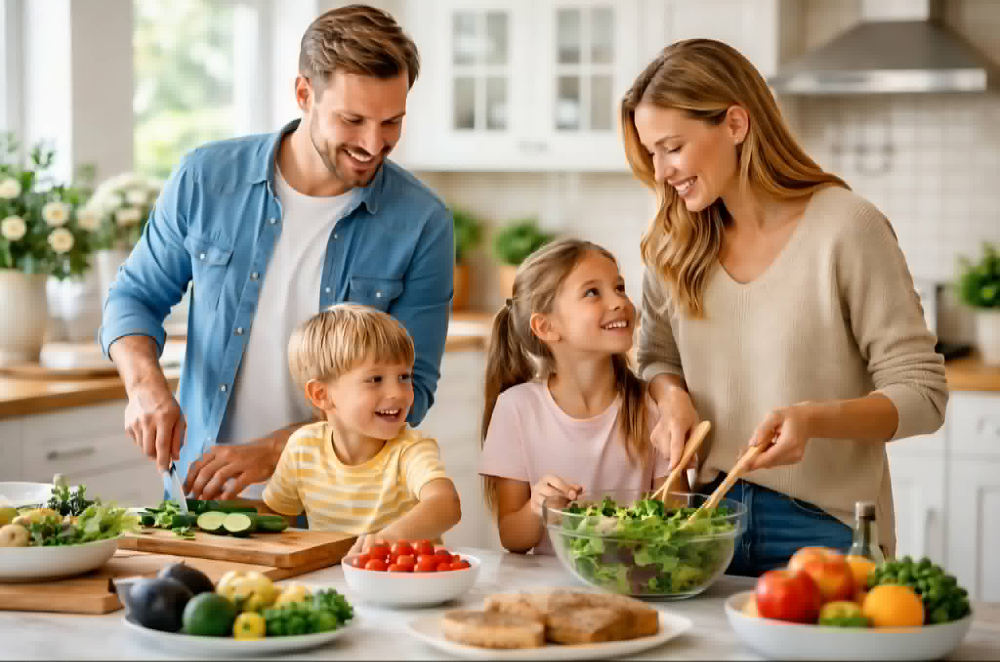 Family cooking together in bright kitchen